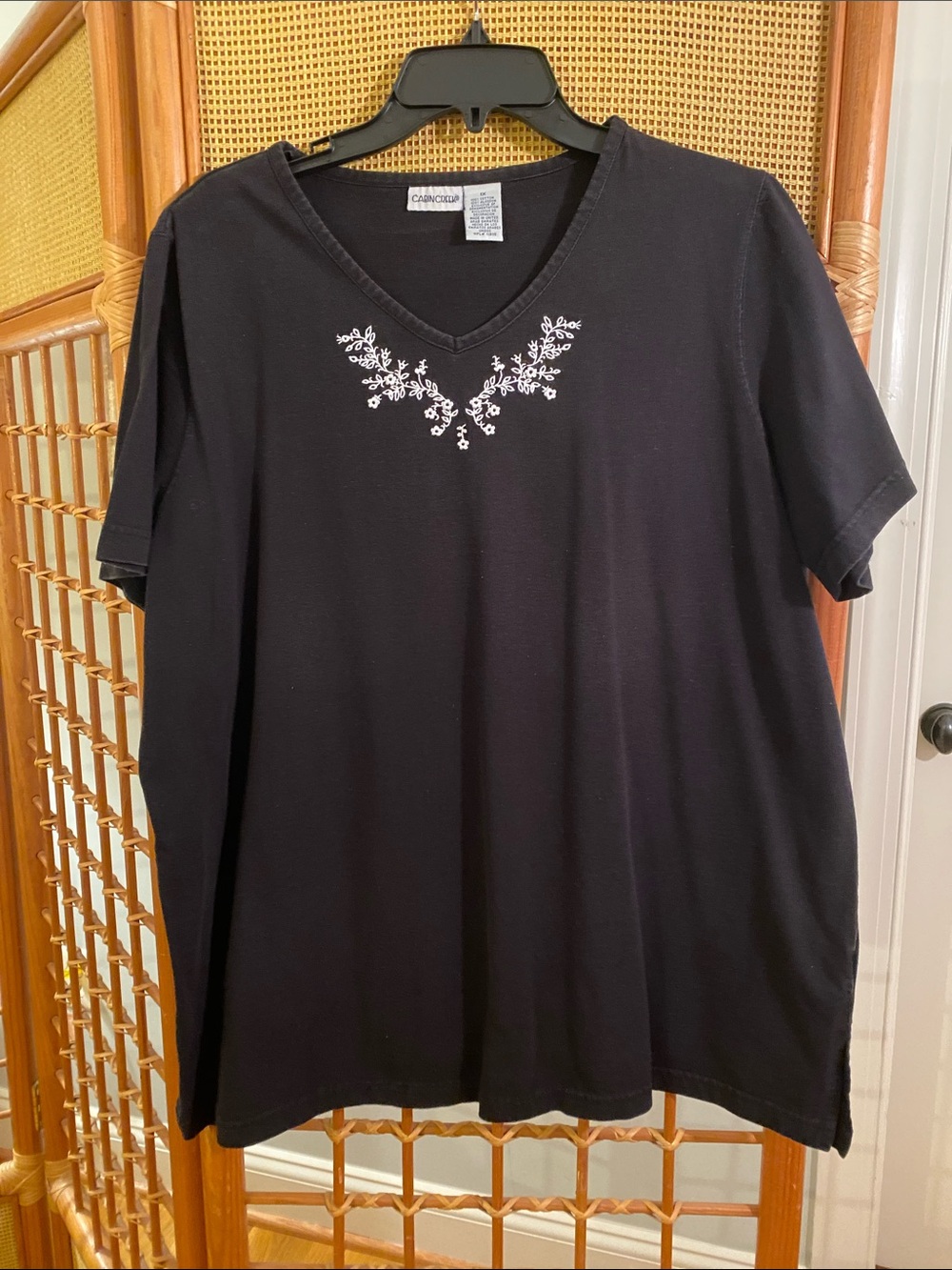 Cabin Creek Black V-Neck Tee with White Floral Neck Embroidery